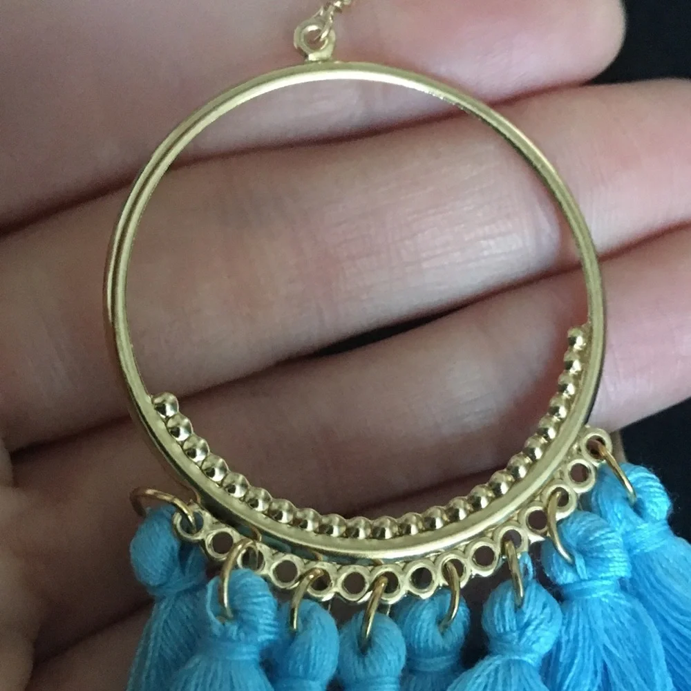 Fan Shaped Blue Tassel Dangle Earrings